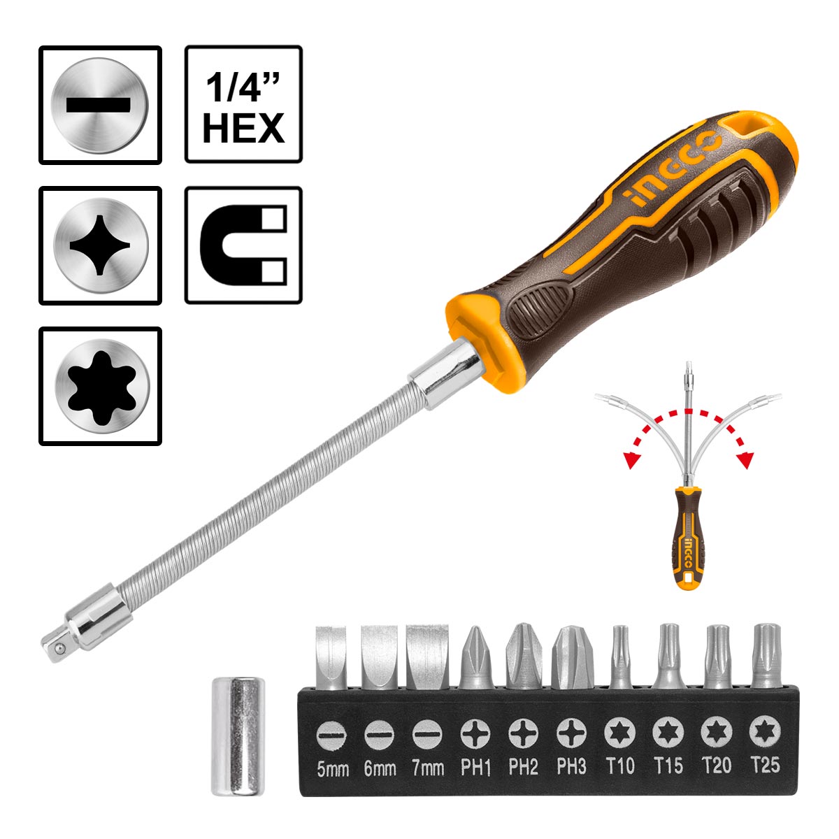 AKSDFL1208-1 εύκαμπτο κατσαβίδι με μύτες, σετ κατσαβίδι 12 τεμ, κατσαβίδι με flexible άξονα, μαγνητικό κατσαβίδι Cr-V, σετ μυτών 25mm torx philips slotted