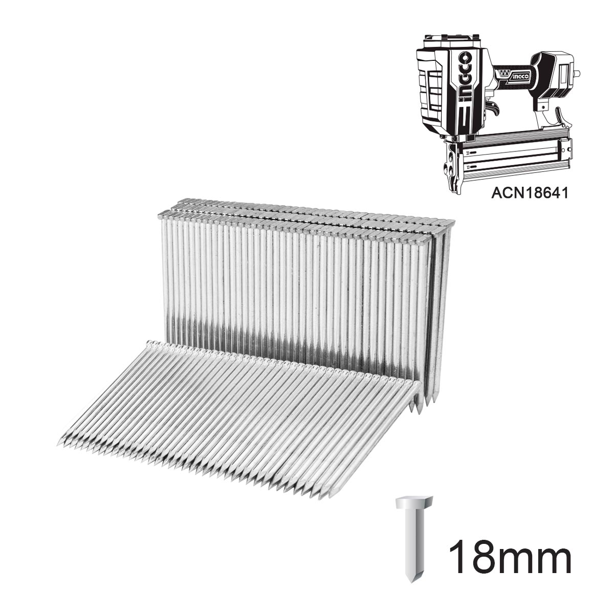 ANA01181-1 καρφιά τοίχου 18mm, καρφιά αεροκαρφωτικού, 1000 τεμ, ACN18641, CSTLI3805, CSTLI3808, ανταλλακτικά καρφωτικού, INGCO