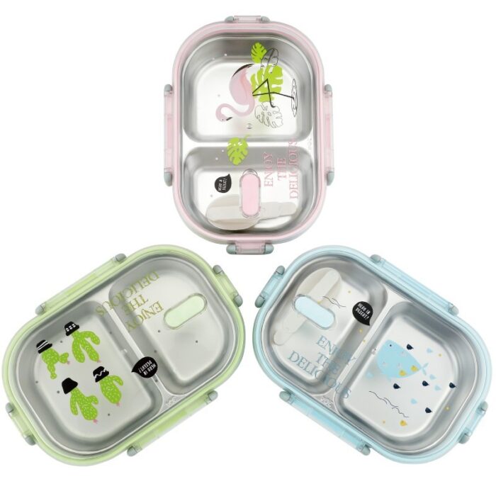 ΦΑΓΗΤΟΔΟΧΕΙΟ ΑΝΟΞΕΙΔΩΤΟ LUNCH BOX ΟΡΘΟΓΩΝΙΟ ΜΕ ΧΩΡΙΣΜΑ ΚΑΙ ΚΟΥΤΑΛΙ ΧΡΩΜΑΤΙΣΤΟ ΣΧΕΔΙΟ 720ΜL 21x15x6,5cm VIOSARP