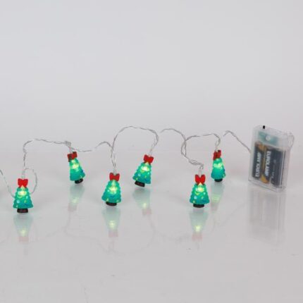 Γιορτινή σειρά 10 LED με χριστουγεννιάτικα δεντράκια, θερμό λευκό φως, λειτουργία μπαταρίας και χρονοδιακόπτη. Ιδανική για εσωτερική χριστουγεννιάτικη διακόσμηση.