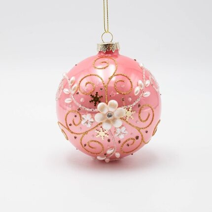 Γυάλινες Μπάλες Ροζ με Περλέ Λουλούδι 10cm – Σετ 4τμχ