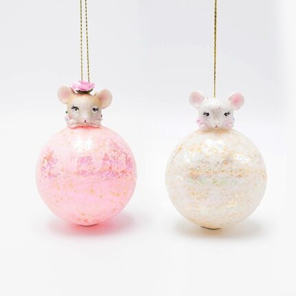 Γυάλινη Μπάλα Ροζ & Λευκό με Ποντικάκι 11cm – 2 Σχέδια