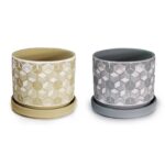 σετ γλάστρες κεραμικές, γλάστρα με πιάτο ρόμβος, γεωμετρική γλάστρα, κεραμικές γλάστρες 3τμχ, No20256