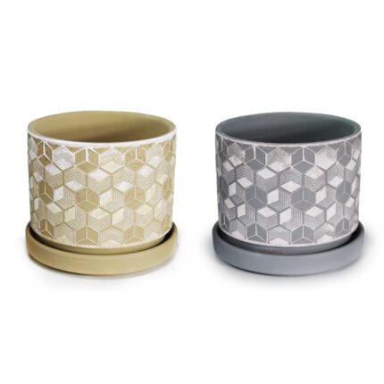 σετ γλάστρες κεραμικές, γλάστρα με πιάτο ρόμβος, γεωμετρική γλάστρα, κεραμικές γλάστρες 3τμχ, No20256