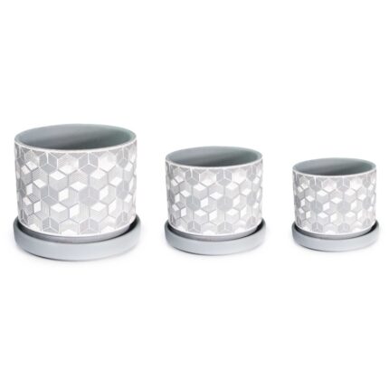 σετ γλάστρες κεραμικές, γλάστρα με πιάτο ρόμβος, γεωμετρική γλάστρα, κεραμικές γλάστρες 3τμχ, No20256