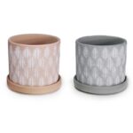 σετ γλάστρες κεραμικές, γλάστρα με πιάτο φυλλαράκι, κεραμικές γλάστρες 3τμχ, botanical flower pots, No20225