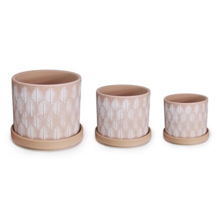 σετ γλάστρες κεραμικές, γλάστρα με πιάτο φυλλαράκι, κεραμικές γλάστρες 3τμχ, botanical flower pots, No20225