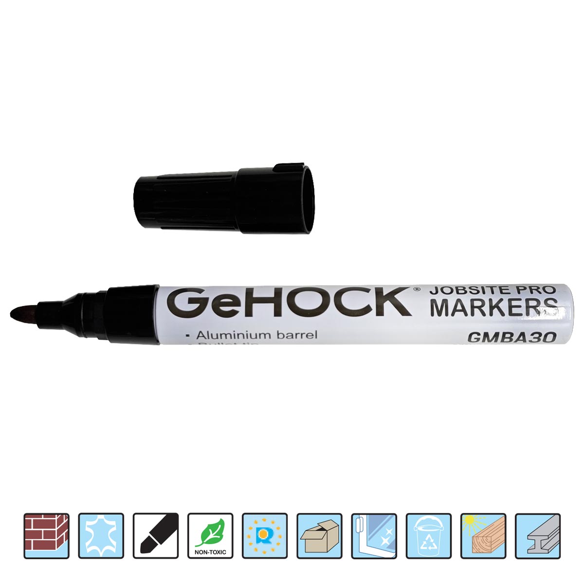 GMBA30-1 μαρκαδόρος ανεξίτηλος 2mm, μαρκαδόρος αλουμινίου GeHOCK, permanent marker black, επαγγελματικός μαρκαδόρος για μέταλλο, μαρκαδόρος για σκυρόδεμα